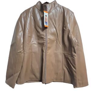 Kenneth Cole Womens Tan Faux Leather Jacket Zip Front Long Sleeves Size XXL NWT